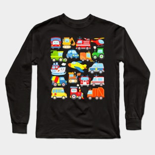 18 Cars Trucks Vehicles Locomotive Trash Truck School Bus Plane Boat Car Digger Tractor Long Sleeve T-Shirt